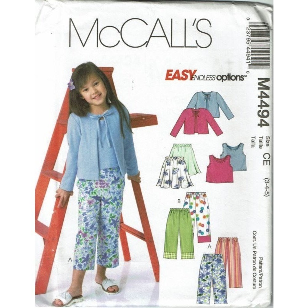 McCall's Sewing Pattern 4494 Cardigan Top Pants Skirt Girls Size 3-5